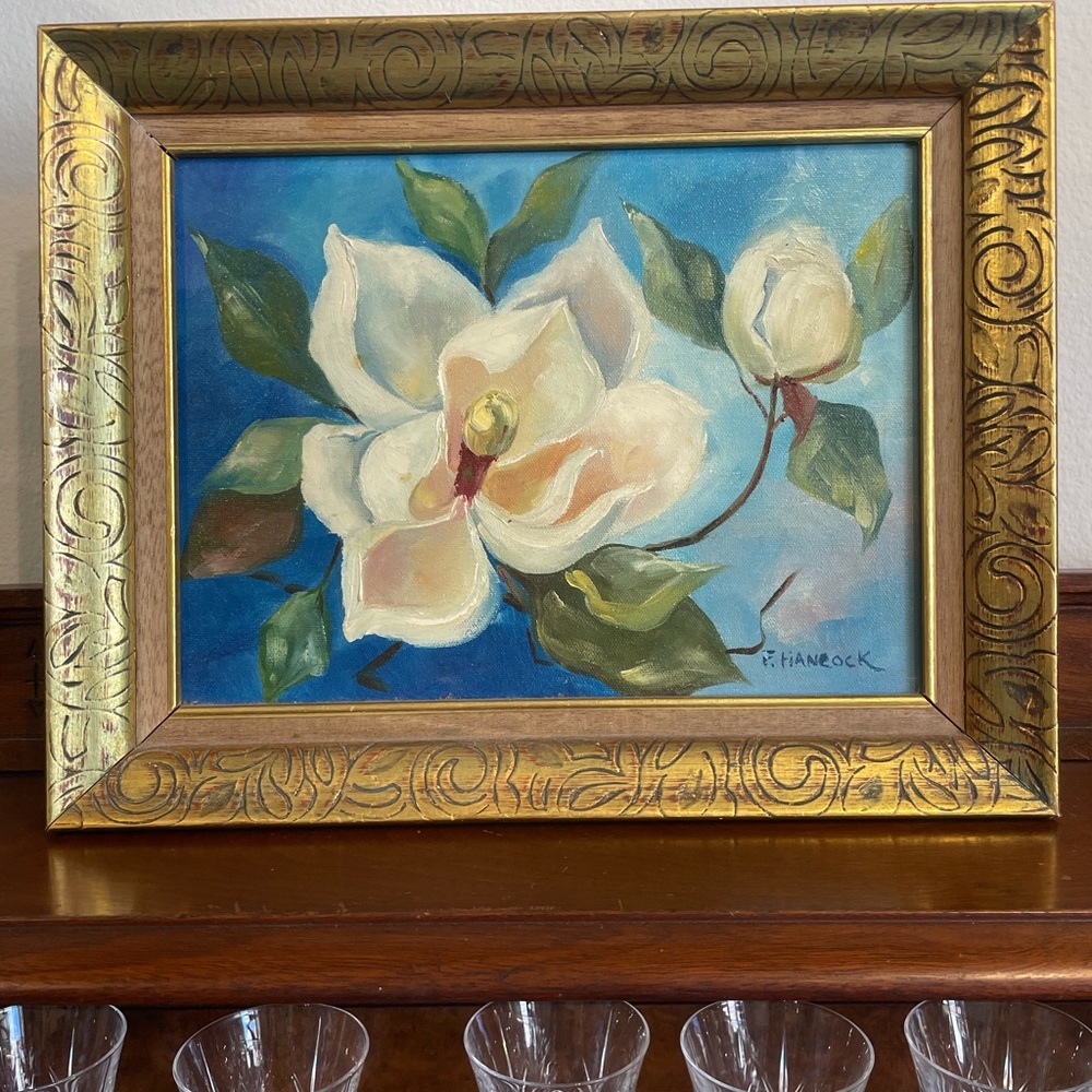 Vintage original magnolia flower oil painting on canvas